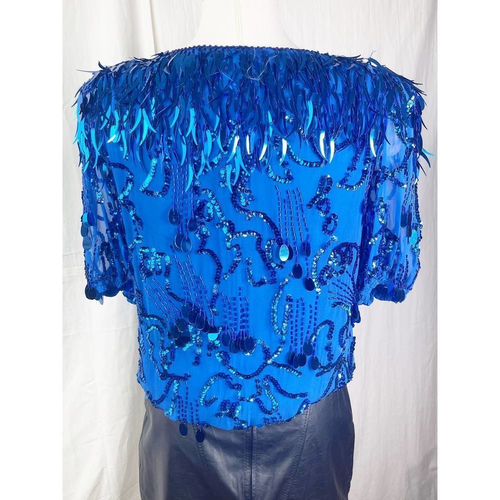 Vintage 1980s Oleg Cassini Deep V Neck Sequin Bright Blue Disco Top - Picture 4 of 5